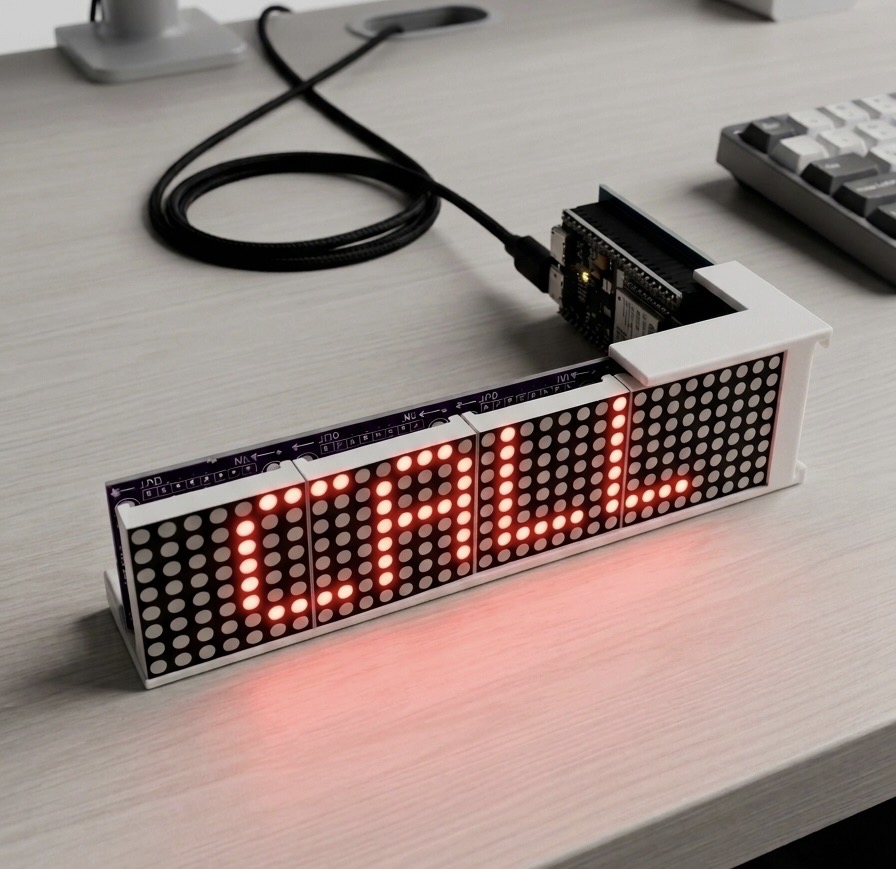 The LED Ticker on a desk, its red dot-matrix display reading ON AIR, wired to an ESP32-S3 board over a braided USB-C cable.
